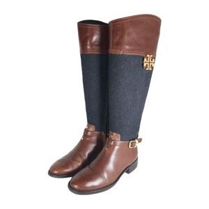 TORY BURCH Women's Eloise US5M Brown Wool Leather Logo Knee High Riding Boots